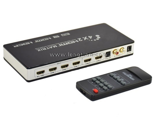 1.4v 4Kx2K HDMI 4x2 Matrix IR Remote with Audio SPDIF optical 2RCA Extractor MHL Supported